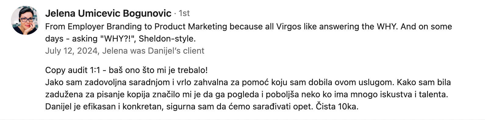 Jelena Bogunović testimonijal